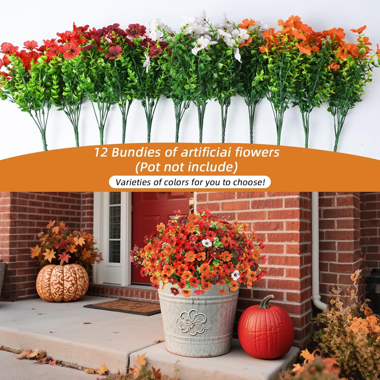 imageArtificial Fake Fall Flowers for Outdoor Decoration 12 Bundles Faux Silk Daisy Artificial Fall Flowers Mums Outside UV Resisitant Planter Pot Front Porch Garden Patio HomeRedbrownwhiteorange