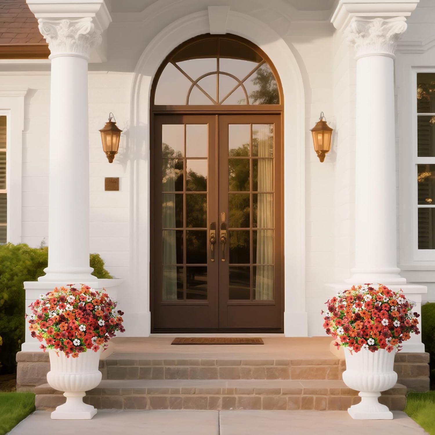 imageArtificial Fake Fall Flowers for Outdoor Decoration 12 Bundles Faux Silk Daisy Artificial Fall Flowers Mums Outside UV Resisitant Planter Pot Front Porch Garden Patio HomeRedbrownwhiteorange