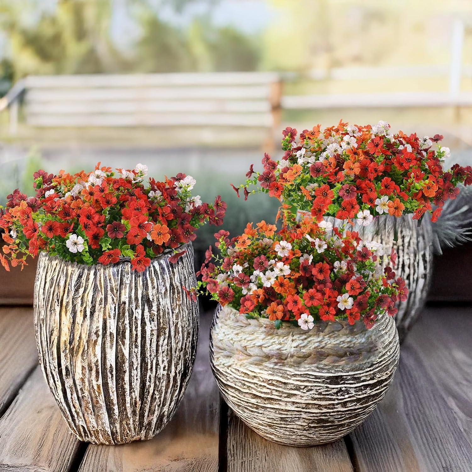 imageArtificial Fake Fall Flowers for Outdoor Decoration 12 Bundles Faux Silk Daisy Artificial Fall Flowers Mums Outside UV Resisitant Planter Pot Front Porch Garden Patio HomeRedbrownwhiteorange