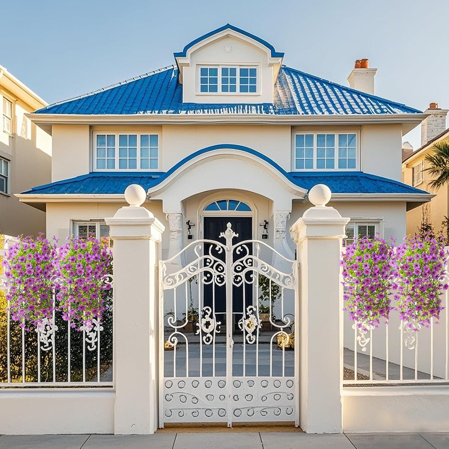 imageArtificial Fake Hanging Flowers Plants for Outdoor Spring Decorations 2PCS Faux Daisy Silk Flower Outside No Fade UV Resistant Realistic Home Decor for Porch Patio Window Box ChujuDHRedPurple