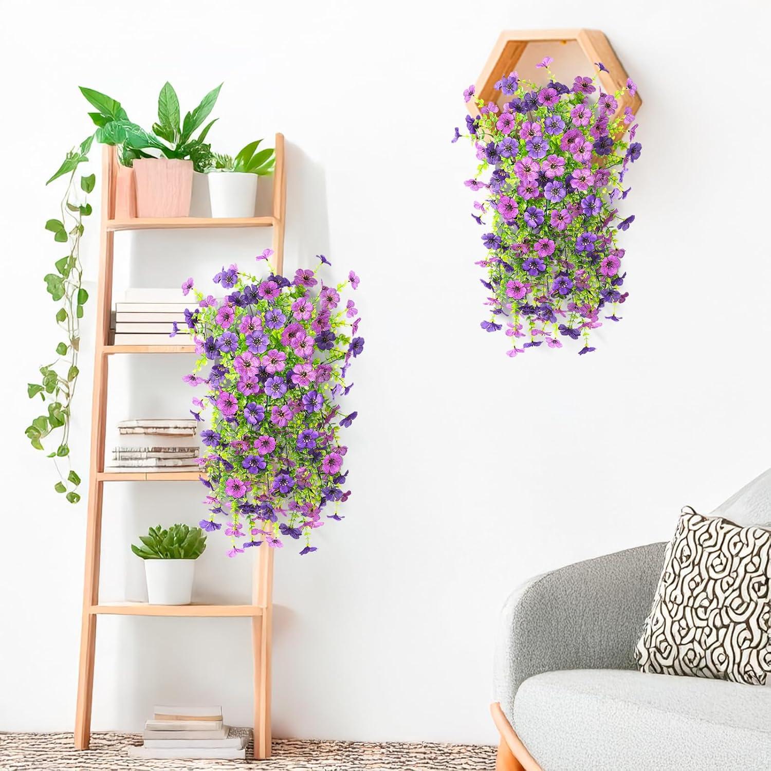 imageArtificial Fake Hanging Flowers Plants for Outdoor Spring Decorations 2PCS Faux Daisy Silk Flower Outside No Fade UV Resistant Realistic Home Decor for Porch Patio Window Box ChujuDHRedDouble Purple
