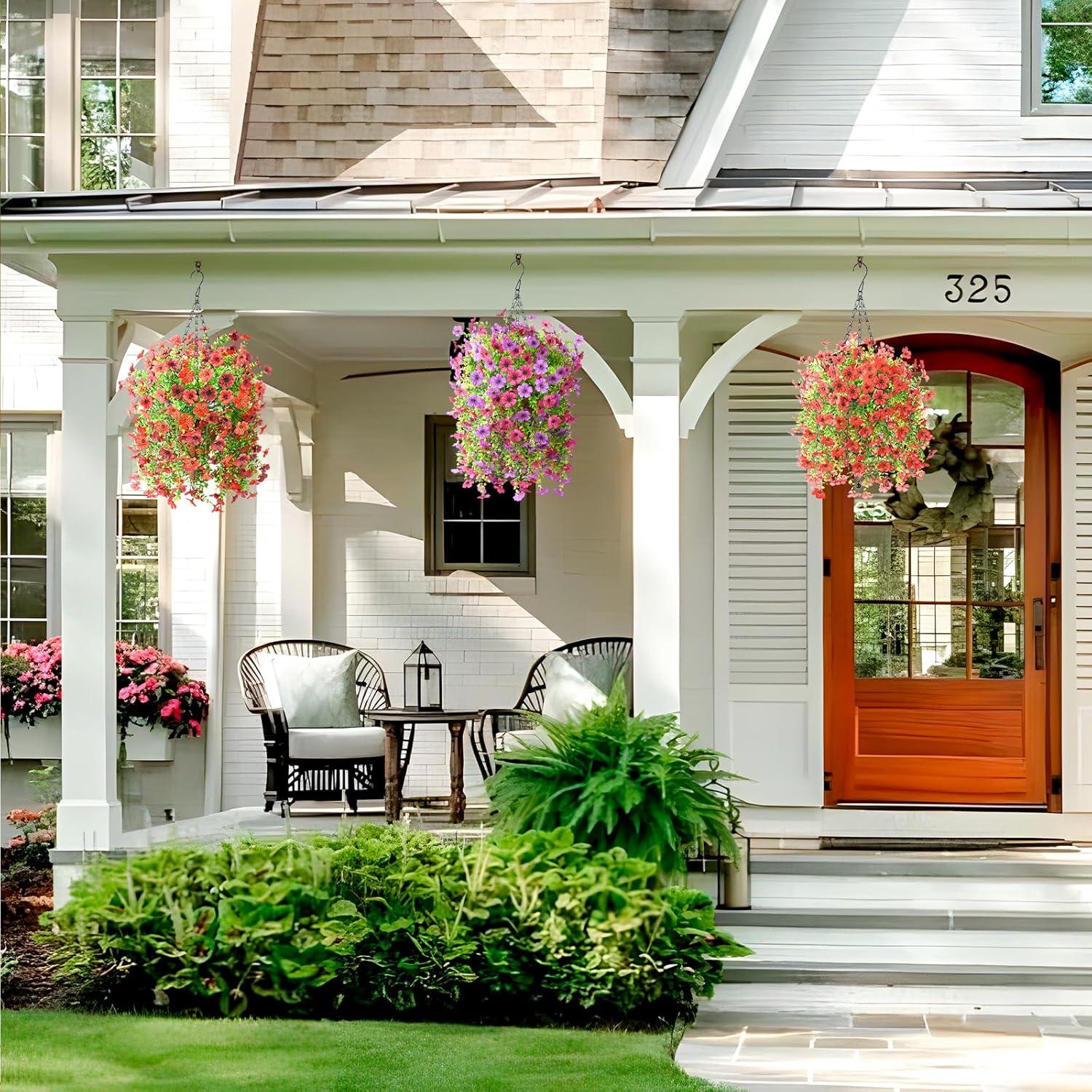 imageArtificial Fake Hanging Flowers Plants for Outdoor Spring Decorations 2PCS Faux Daisy Silk Flower Outside No Fade UV Resistant Realistic Home Decor for Porch Patio Window Box ChujuDHRedRed