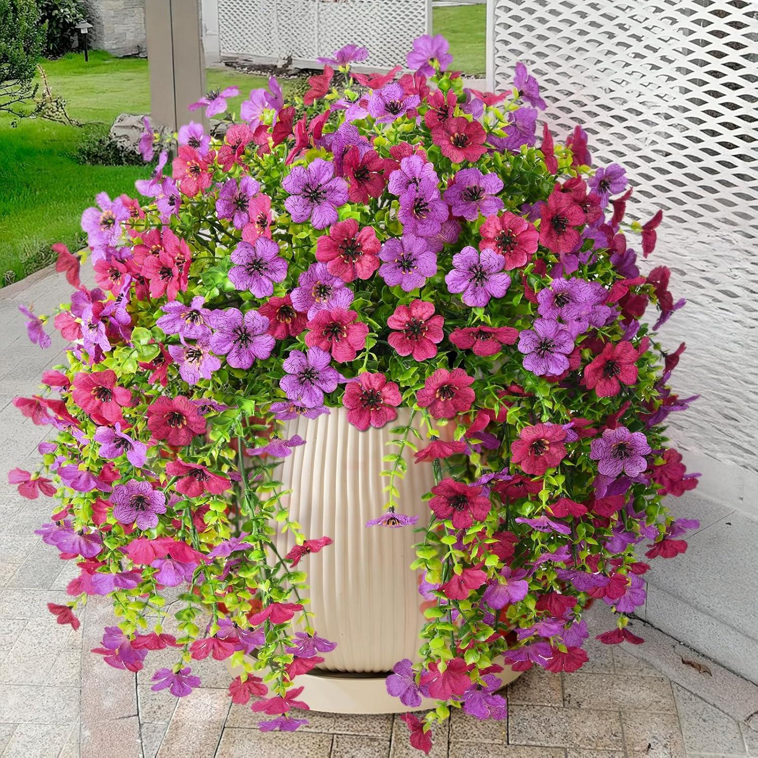imageArtificial Fake Hanging Flowers Plants for Outdoor Spring Decorations 2PCS Faux Daisy Silk Flower Outside No Fade UV Resistant Realistic Home Decor for Porch Patio Window Box ChujuDHRedMix Purple