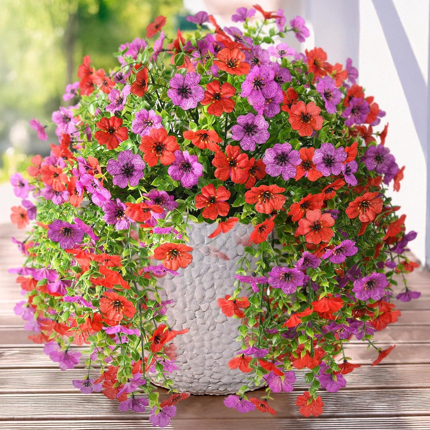imageArtificial Fake Hanging Flowers Plants for Outdoor Spring Decorations 2PCS Faux Daisy Silk Flower Outside No Fade UV Resistant Realistic Home Decor for Porch Patio Window Box ChujuDHRedRed Purple