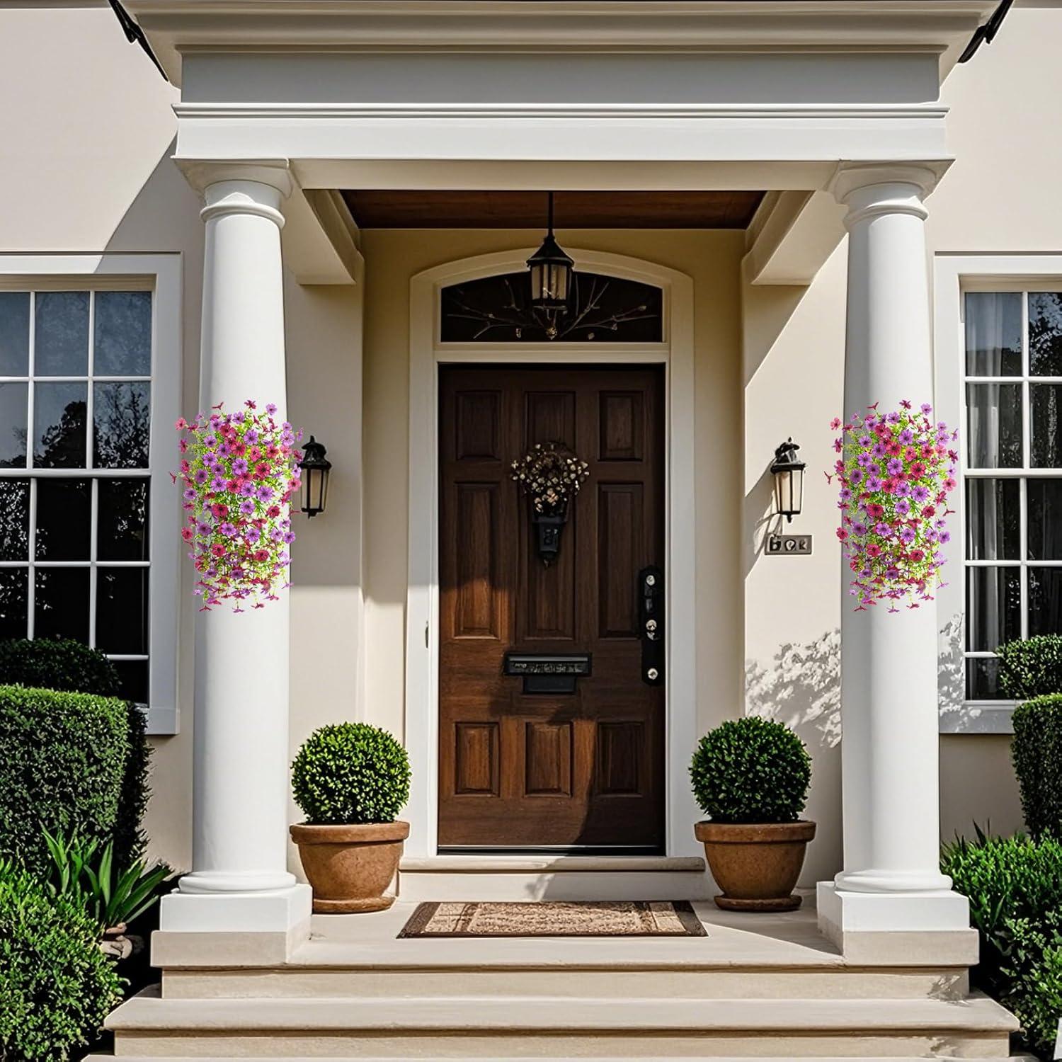 imageArtificial Fake Hanging Flowers Plants for Outdoor Spring Decorations 2PCS Faux Daisy Silk Flower Outside No Fade UV Resistant Realistic Home Decor for Porch Patio Window Box ChujuDHRedMix Purple