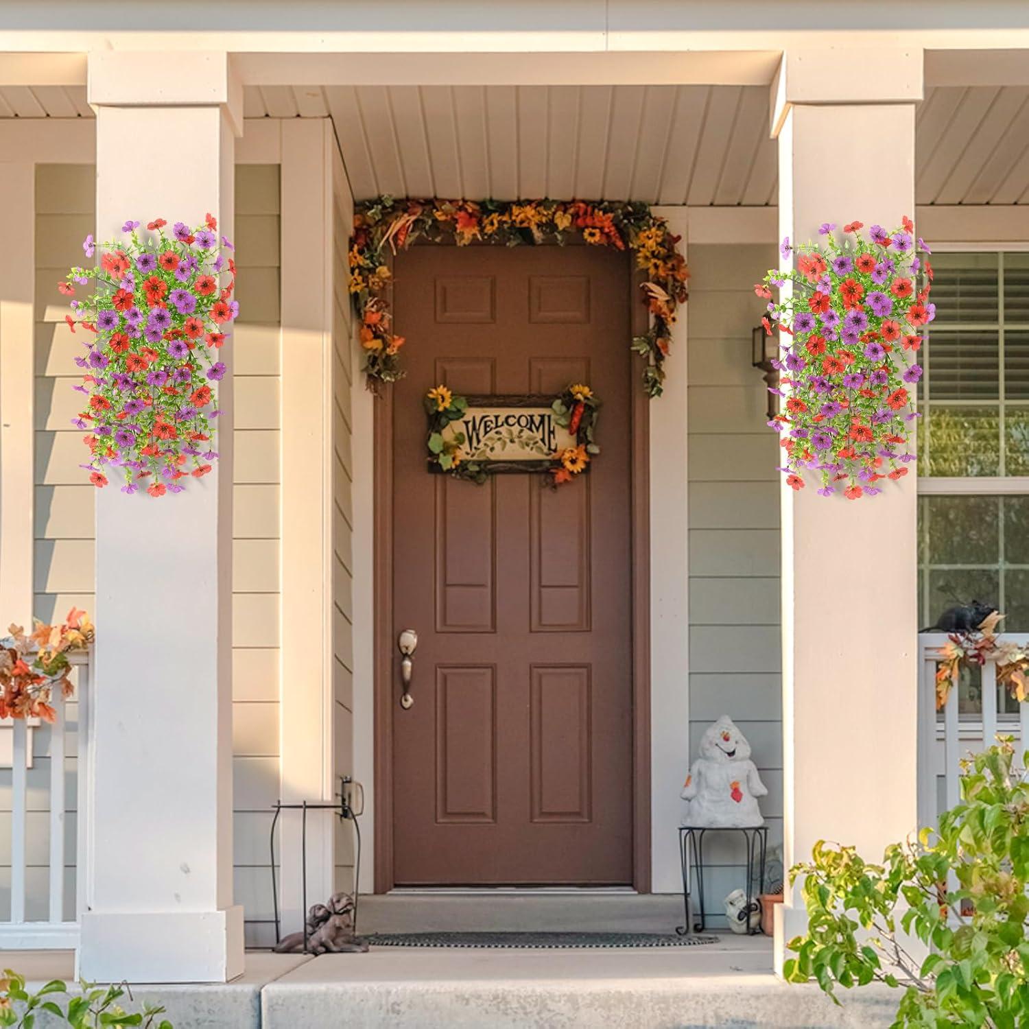 imageArtificial Fake Hanging Flowers Plants for Outdoor Spring Decorations 2PCS Faux Daisy Silk Flower Outside No Fade UV Resistant Realistic Home Decor for Porch Patio Window Box ChujuDHRedRed Purple