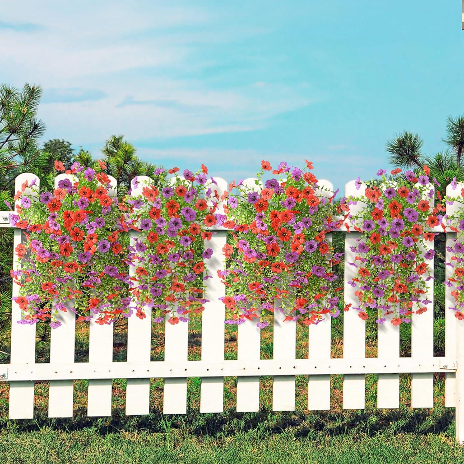 imageArtificial Fake Hanging Flowers Plants for Outdoor Spring Decorations 2PCS Faux Daisy Silk Flower Outside No Fade UV Resistant Realistic Home Decor for Porch Patio Window Box ChujuDHRedRed Purple