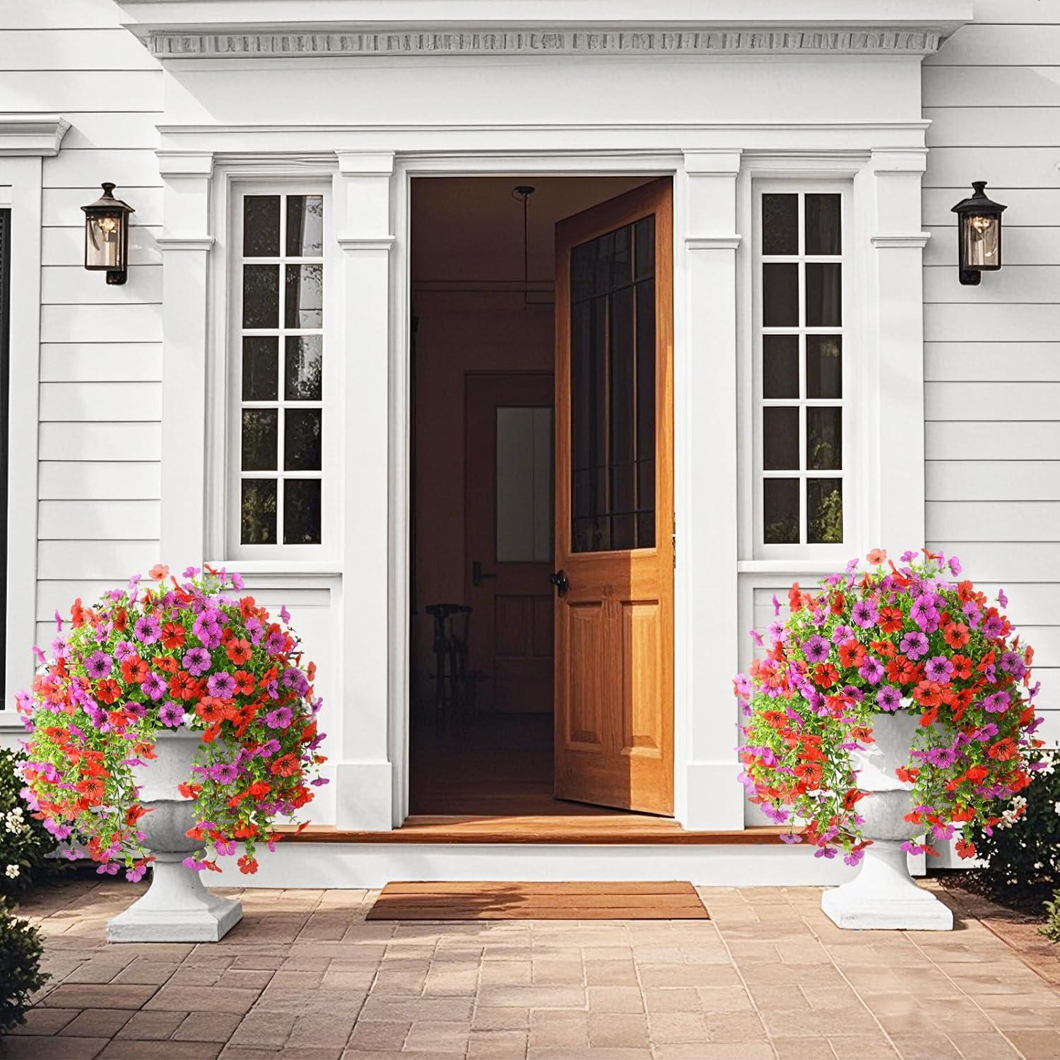 imageArtificial Fake Hanging Flowers Plants for Outdoor Spring Decorations 2PCS Faux Daisy Silk Flower Outside No Fade UV Resistant Realistic Home Decor for Porch Patio Window Box ChujuDHRedRed Purple