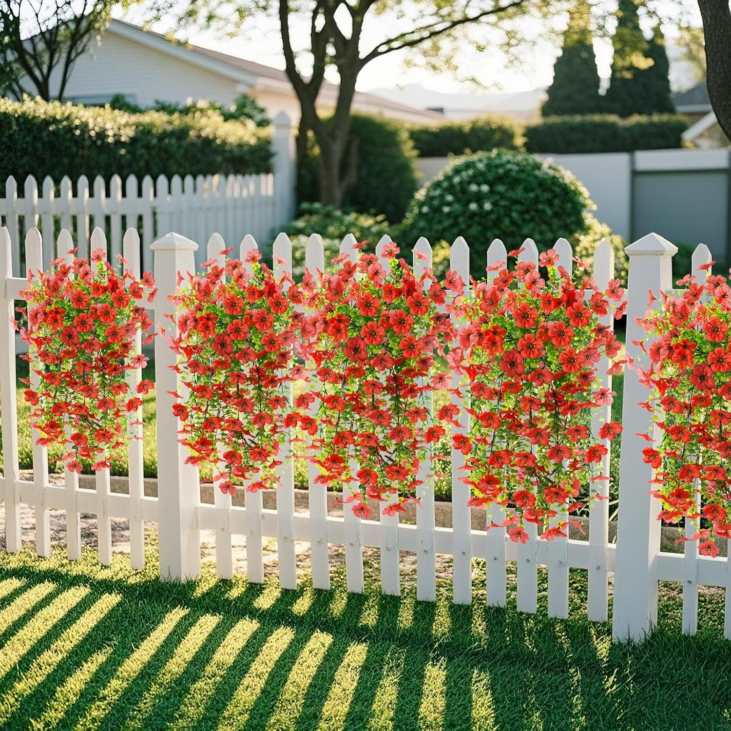 imageArtificial Fake Hanging Flowers Plants for Outdoor Spring Decorations 2PCS Faux Daisy Silk Flower Outside No Fade UV Resistant Realistic Home Decor for Porch Patio Window Box ChujuDHRedRed