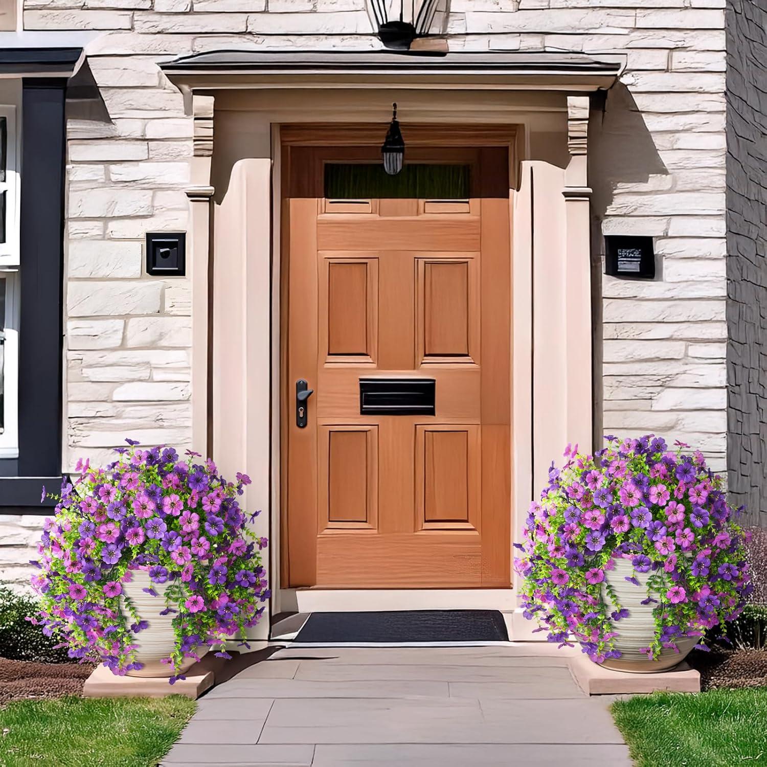 imageArtificial Fake Hanging Flowers Plants for Outdoor Spring Decorations 2PCS Faux Daisy Silk Flower Outside No Fade UV Resistant Realistic Home Decor for Porch Patio Window Box ChujuDHRedDouble Purple