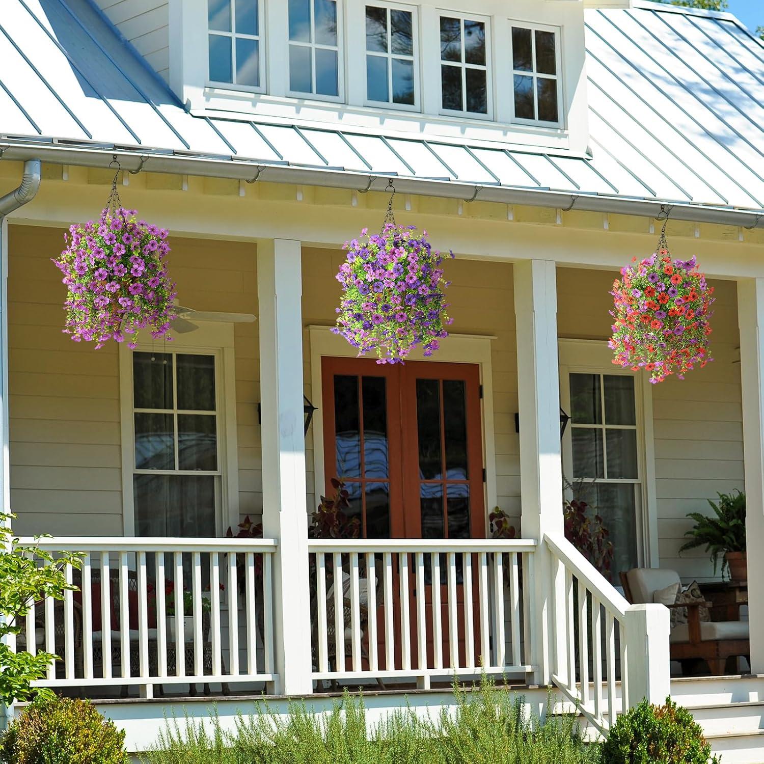 imageArtificial Fake Hanging Flowers Plants for Outdoor Spring Decorations 2PCS Faux Daisy Silk Flower Outside No Fade UV Resistant Realistic Home Decor for Porch Patio Window Box ChujuDHRedDouble Purple