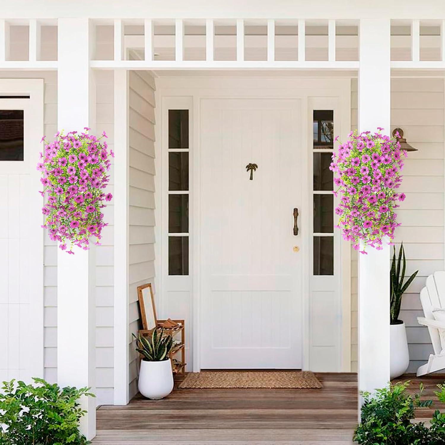 imageArtificial Fake Hanging Flowers Plants for Outdoor Spring Decorations 2PCS Faux Daisy Silk Flower Outside No Fade UV Resistant Realistic Home Decor for Porch Patio Window Box ChujuDHRedPurple