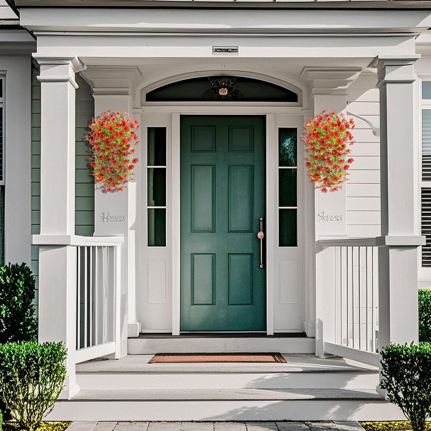 imageArtificial Fake Hanging Flowers Plants for Outdoor Spring Decorations 2PCS Faux Daisy Silk Flower Outside No Fade UV Resistant Realistic Home Decor for Porch Patio Window Box ChujuDHRedRed