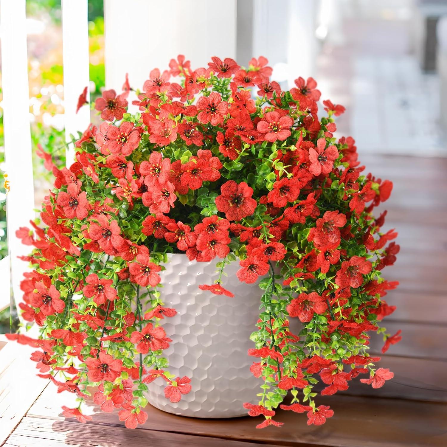 imageArtificial Fake Hanging Flowers Plants for Outdoor Spring Decorations 2PCS Faux Daisy Silk Flower Outside No Fade UV Resistant Realistic Home Decor for Porch Patio Window Box ChujuDHRedRed