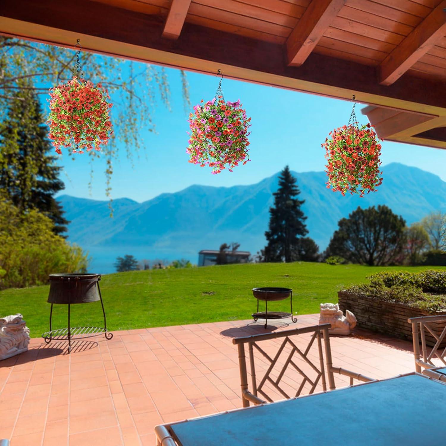 imageArtificial Fake Hanging Flowers Plants for Outdoor Spring Decorations 2PCS Faux Daisy Silk Flower Outside No Fade UV Resistant Realistic Home Decor for Porch Patio Window Box ChujuDHRedRed Purple