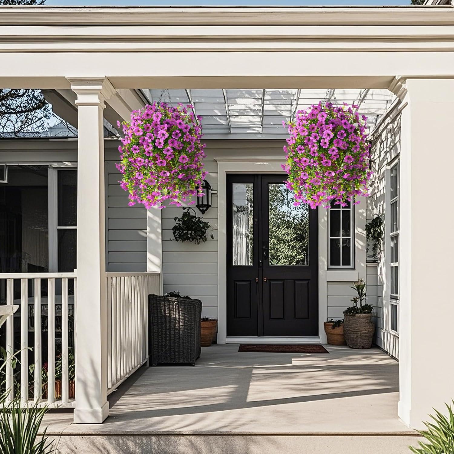 imageArtificial Fake Hanging Flowers Plants for Outdoor Spring Decorations 2PCS Faux Daisy Silk Flower Outside No Fade UV Resistant Realistic Home Decor for Porch Patio Window Box ChujuDHRedPurple