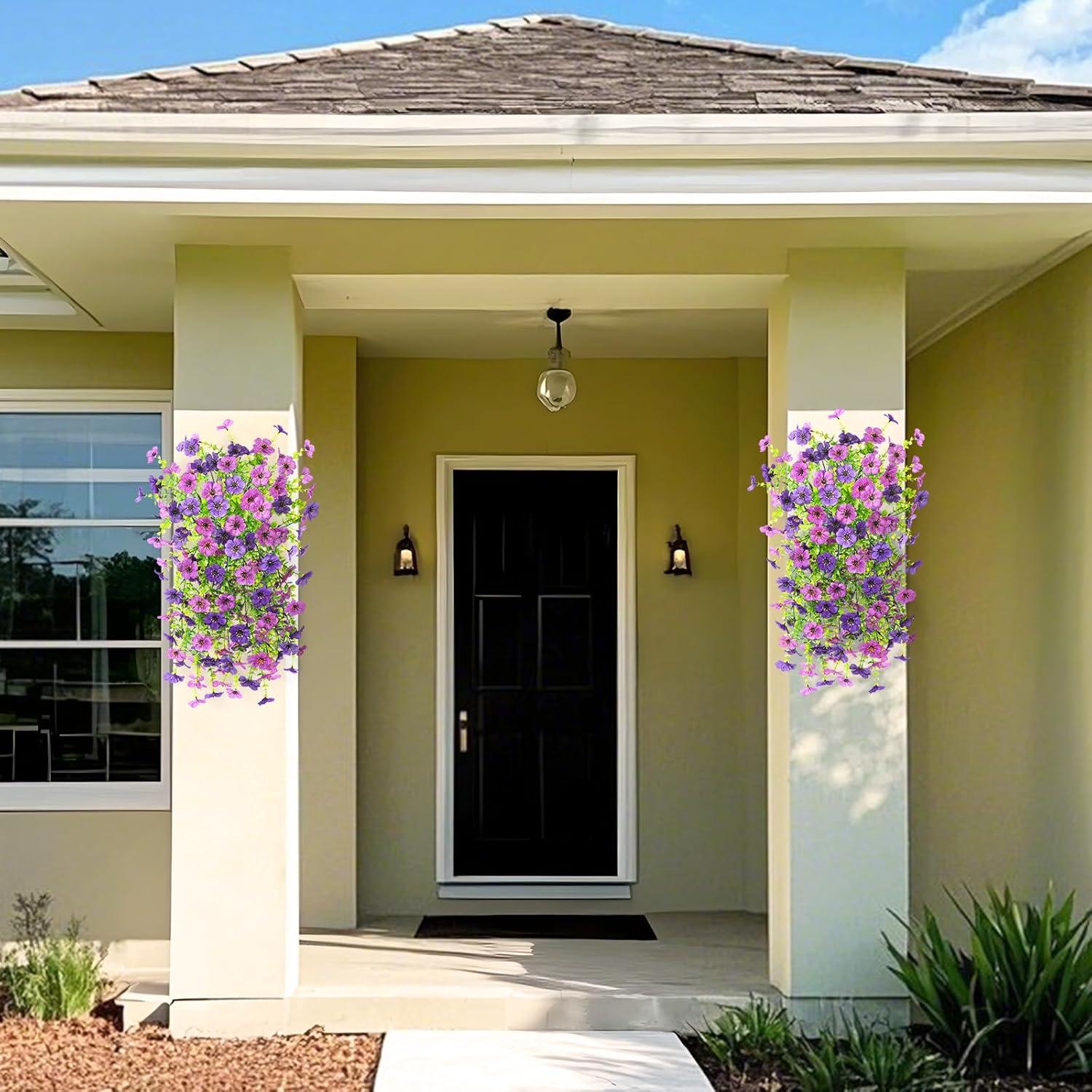 imageArtificial Fake Hanging Flowers Plants for Outdoor Spring Decorations 2PCS Faux Daisy Silk Flower Outside No Fade UV Resistant Realistic Home Decor for Porch Patio Window Box ChujuDHRedDouble Purple