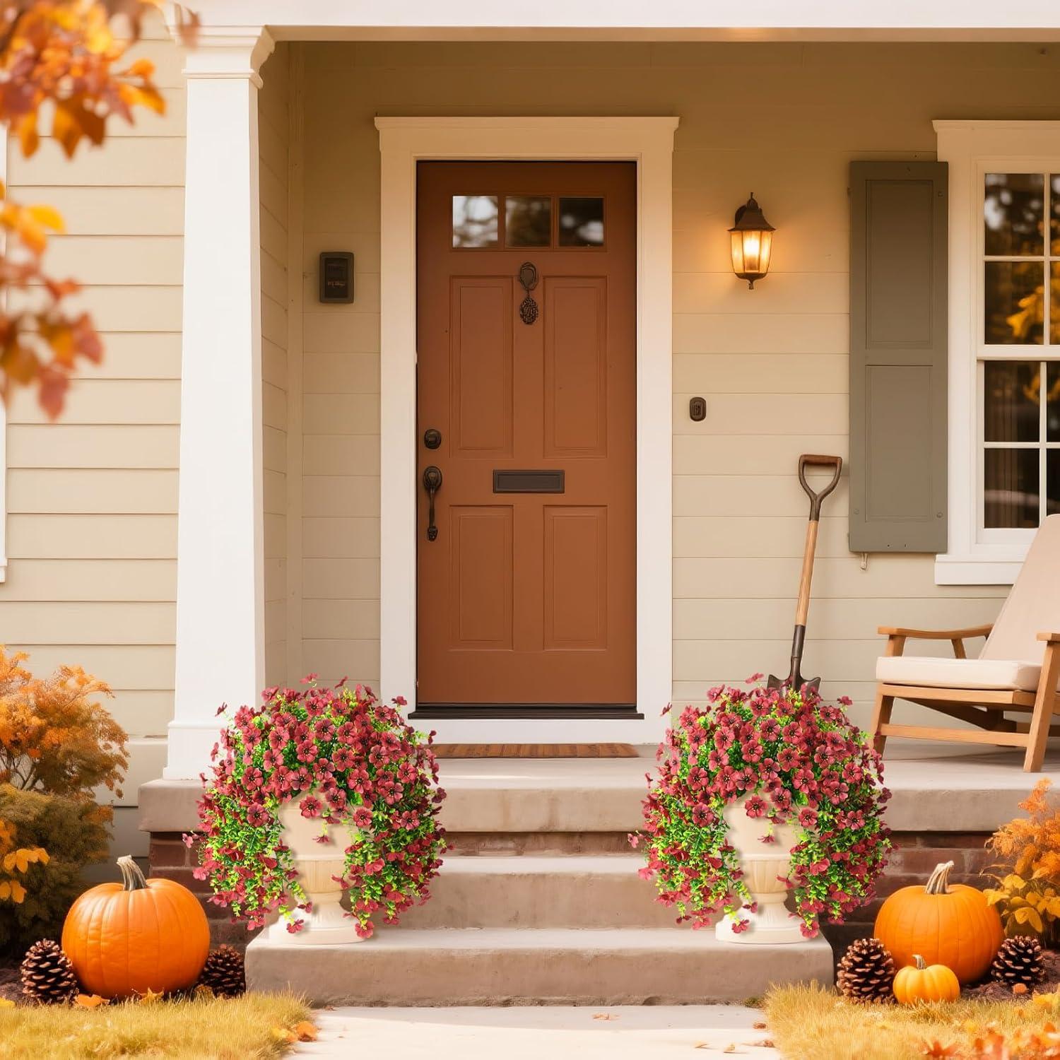 imageArtificial Fake Hanging Flowers Plants for Outdoor Spring Decorations 2PCS Faux Daisy Silk Flower Outside No Fade UV Resistant Realistic Home Decor for Porch Patio Window Box ChujuDHRedBrown