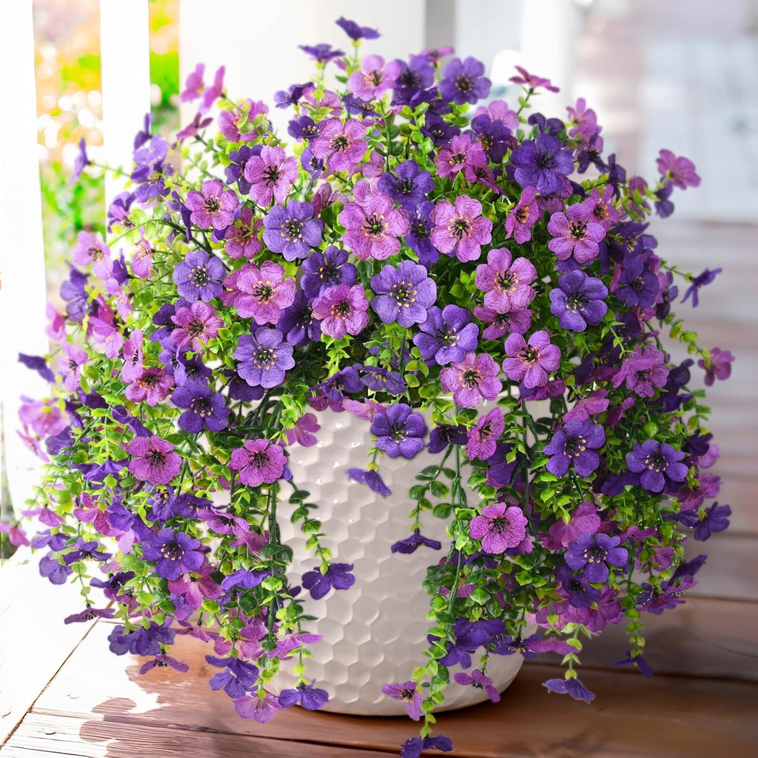 imageArtificial Fake Hanging Flowers Plants for Outdoor Spring Decorations 2PCS Faux Daisy Silk Flower Outside No Fade UV Resistant Realistic Home Decor for Porch Patio Window Box ChujuDHRedDouble Purple