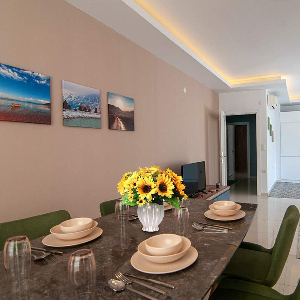 imageArtificial Fall Flowers for Decoration with Ceramics Vase 5 Pcs Sunflowers Fake Silk Flower Arrangements Faux Floral Centerpieces for Tables Dinning Room Office Tabletop Autumn DecorStripe Vase