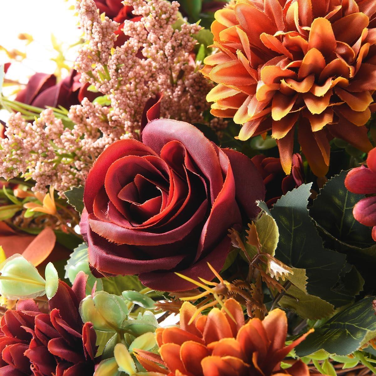 imageArtificial Faux Flowers in Vase Fake Silk Floral Arrangements Rose Bouquets with Handmade Rattan Vase Farmhouse Table Decorations Centerpieces for Dinning Room Kitchen Office Desktop BrownOrange Brown