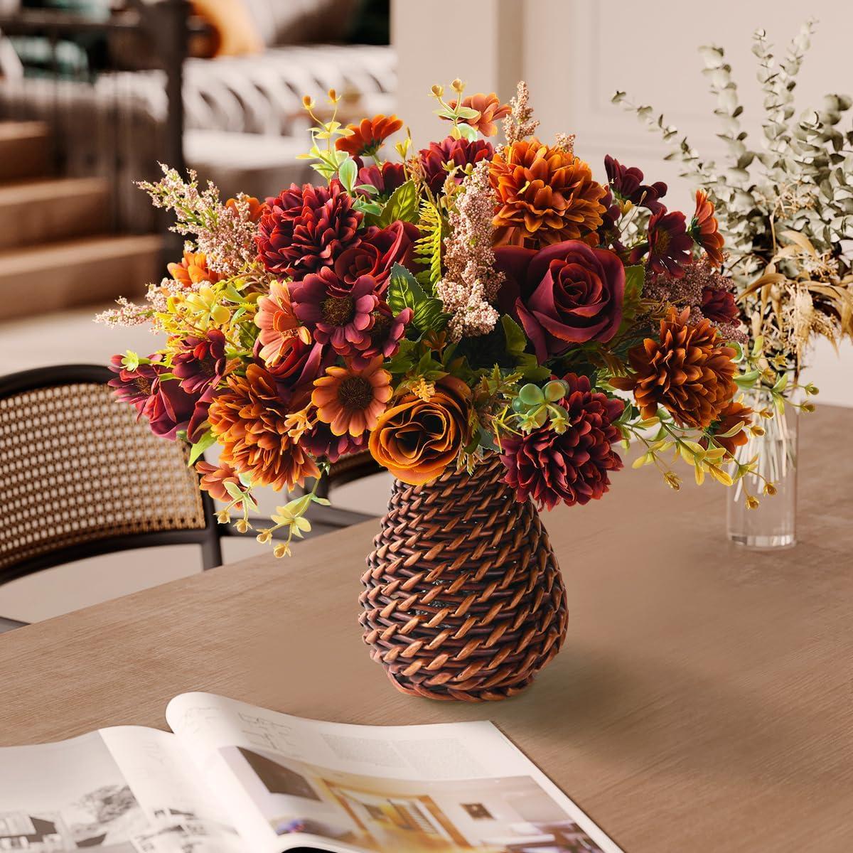 imageArtificial Faux Flowers in Vase Fake Silk Floral Arrangements Rose Bouquets with Handmade Rattan Vase Farmhouse Table Decorations Centerpieces for Dinning Room Kitchen Office Desktop BrownBrown