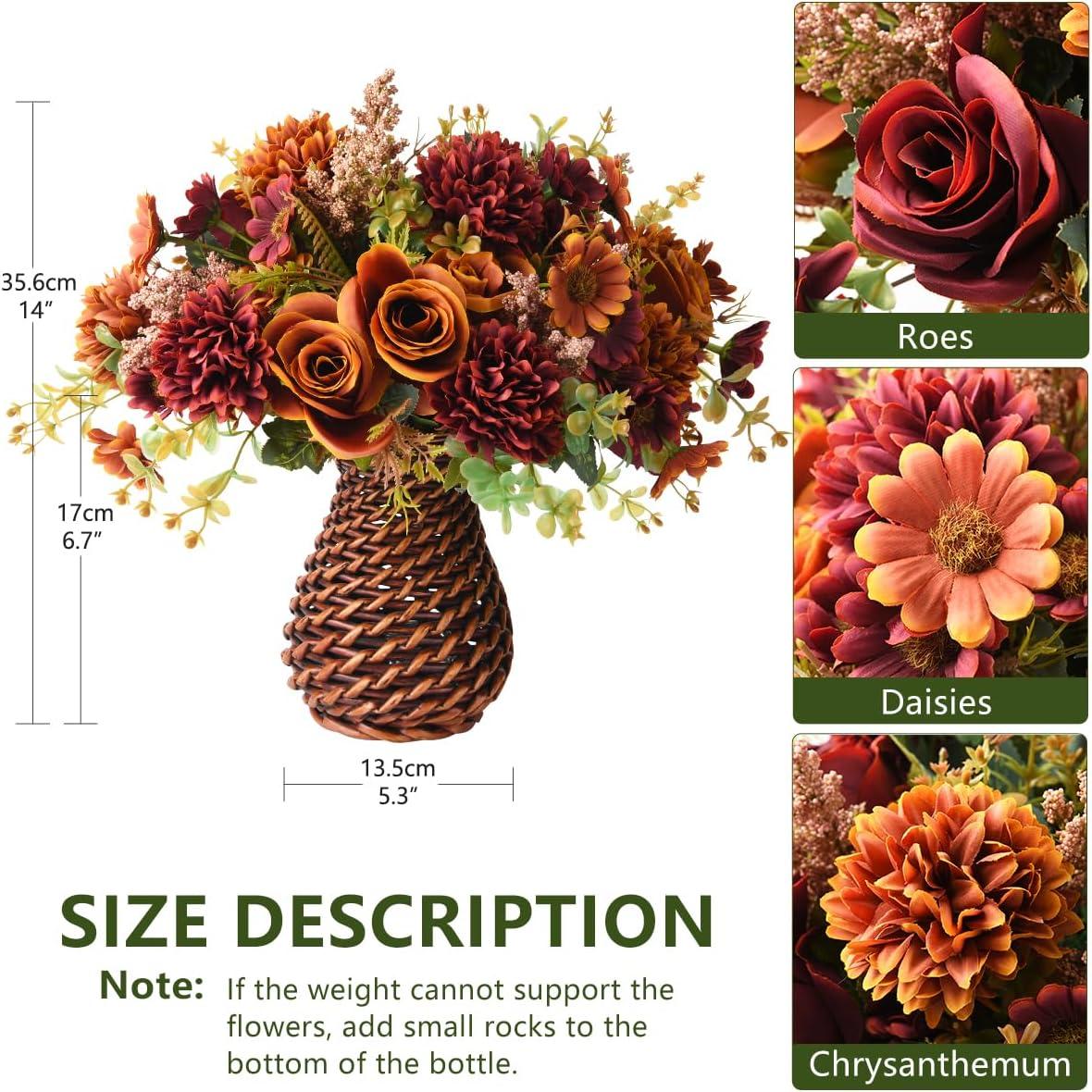 imageArtificial Faux Flowers in Vase Fake Silk Floral Arrangements Rose Bouquets with Handmade Rattan Vase Farmhouse Table Decorations Centerpieces for Dinning Room Kitchen Office Desktop BrownBrown