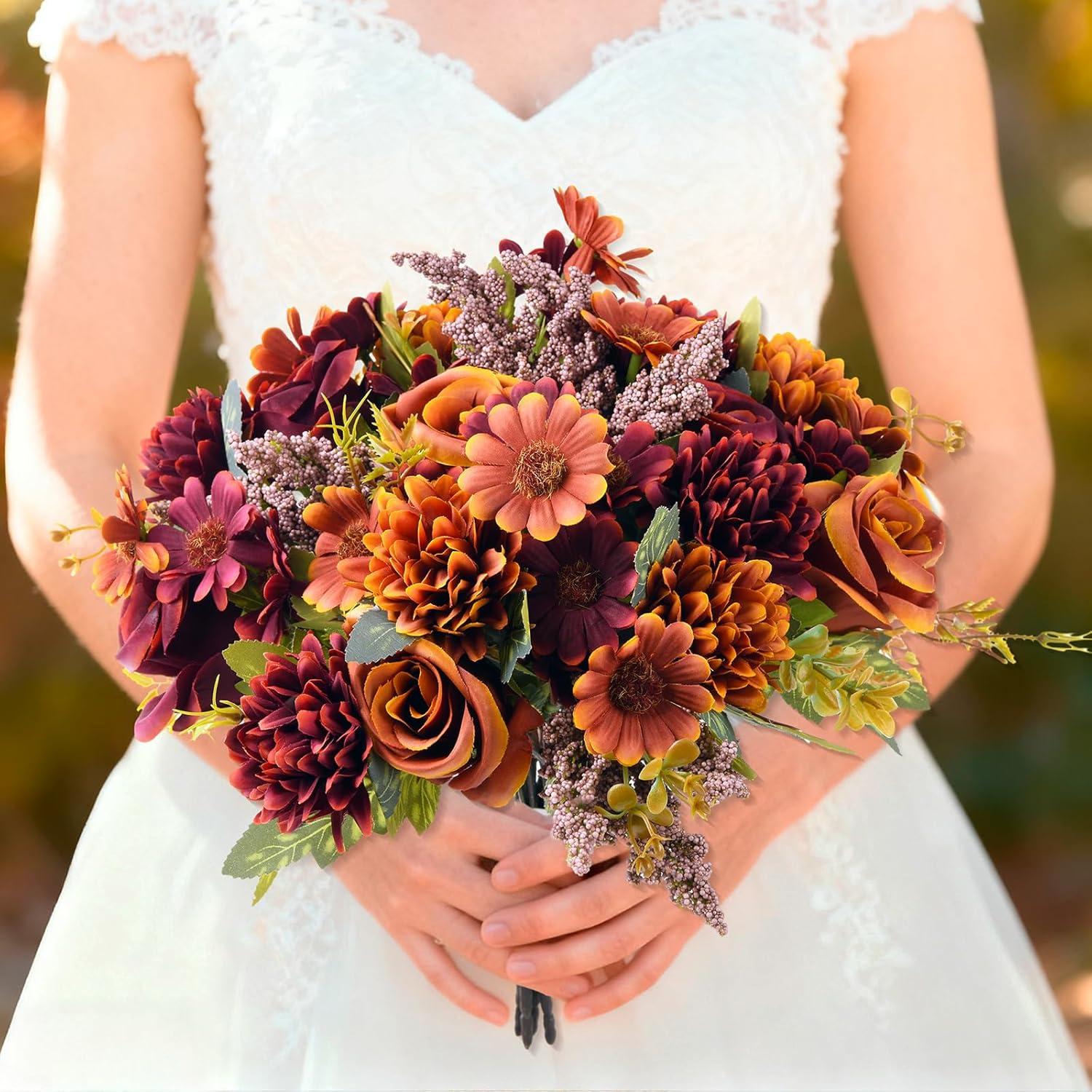 imageArtificial Faux Flowers in Vase Fake Silk Floral Arrangements Rose Bouquets with Handmade Rattan Vase Farmhouse Table Decorations Centerpieces for Dinning Room Kitchen Office Desktop BrownOrange Brown