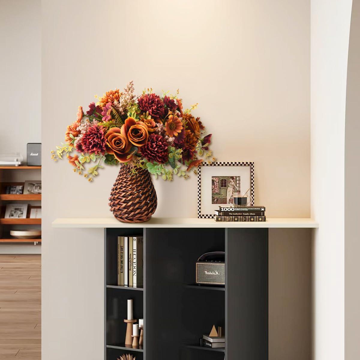 imageArtificial Faux Flowers in Vase Fake Silk Floral Arrangements Rose Bouquets with Handmade Rattan Vase Farmhouse Table Decorations Centerpieces for Dinning Room Kitchen Office Desktop BrownBrown