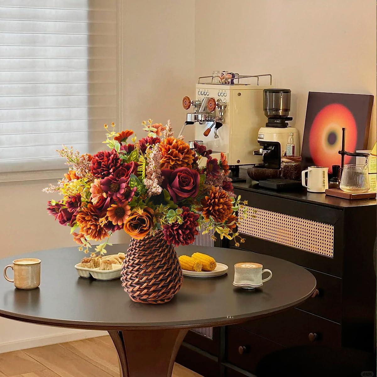 imageArtificial Faux Flowers in Vase Fake Silk Floral Arrangements Rose Bouquets with Handmade Rattan Vase Farmhouse Table Decorations Centerpieces for Dinning Room Kitchen Office Desktop BrownBrown
