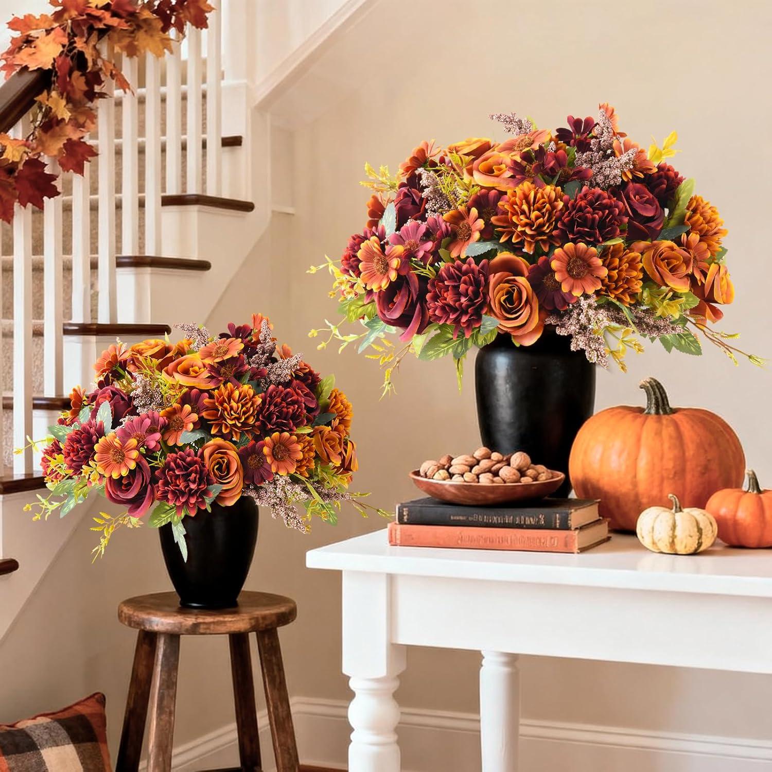 imageArtificial Faux Flowers in Vase Fake Silk Floral Arrangements Rose Bouquets with Handmade Rattan Vase Farmhouse Table Decorations Centerpieces for Dinning Room Kitchen Office Desktop BrownOrange Brown