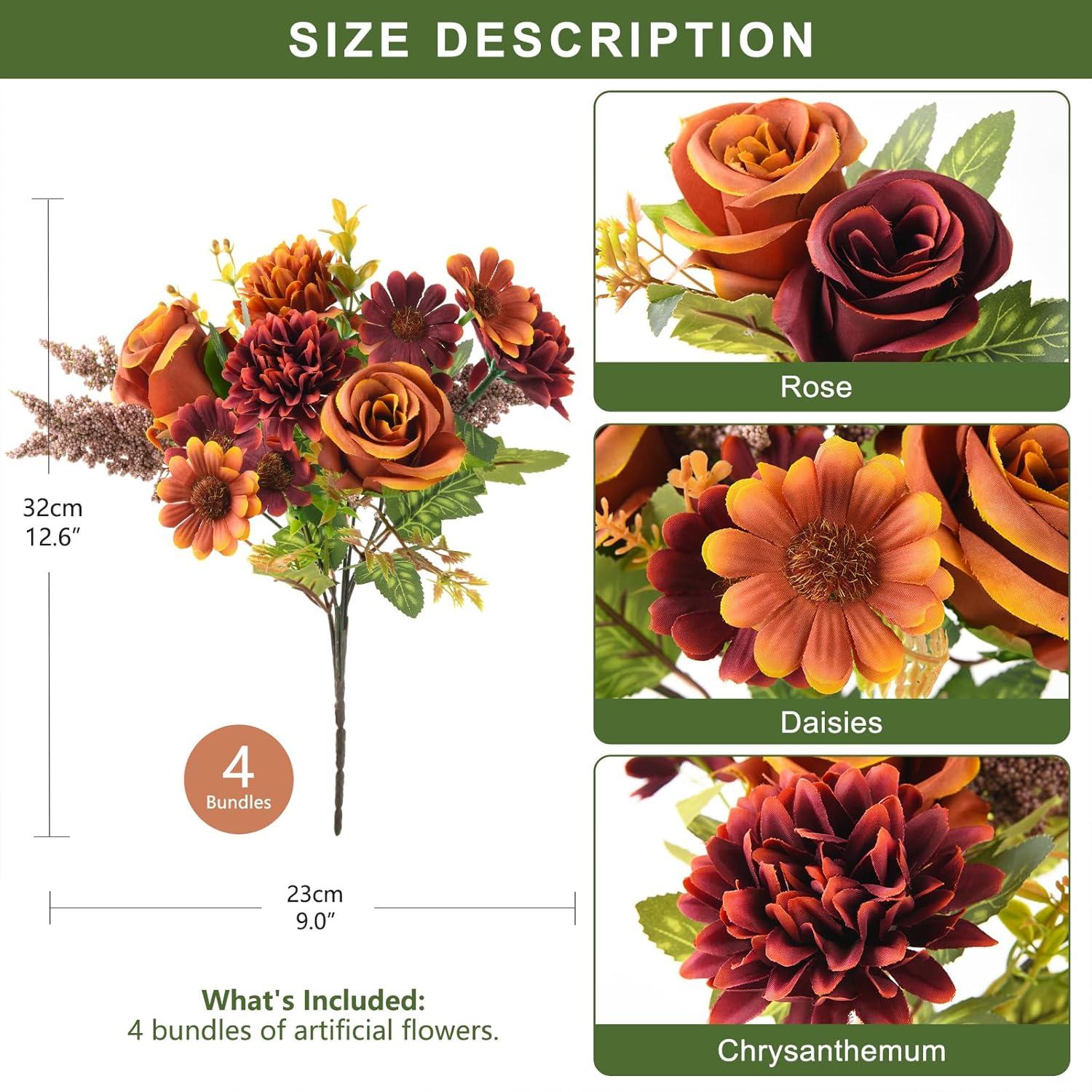 imageArtificial Faux Flowers in Vase Fake Silk Floral Arrangements Rose Bouquets with Handmade Rattan Vase Farmhouse Table Decorations Centerpieces for Dinning Room Kitchen Office Desktop BrownOrange Brown
