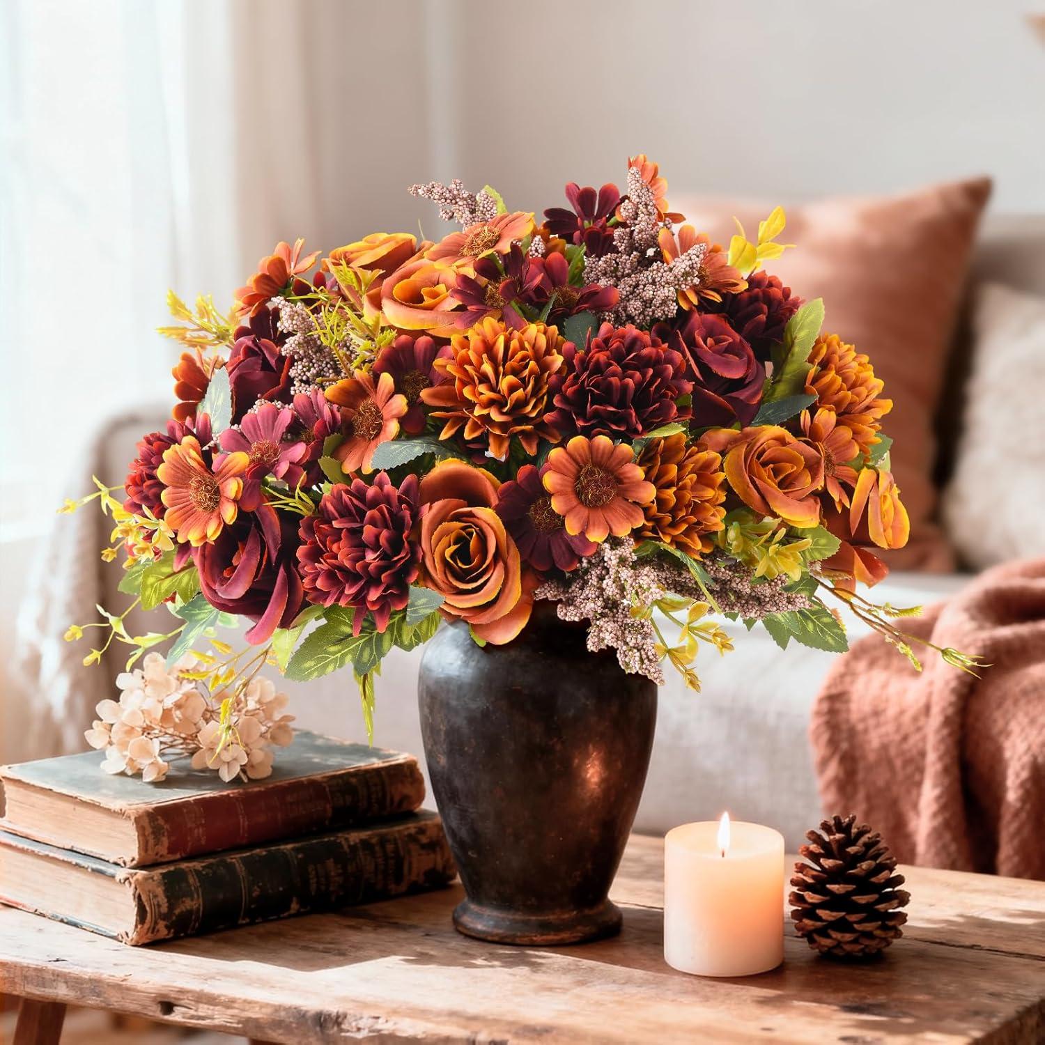 imageArtificial Faux Flowers in Vase Fake Silk Floral Arrangements Rose Bouquets with Handmade Rattan Vase Farmhouse Table Decorations Centerpieces for Dinning Room Kitchen Office Desktop BrownOrange Brown