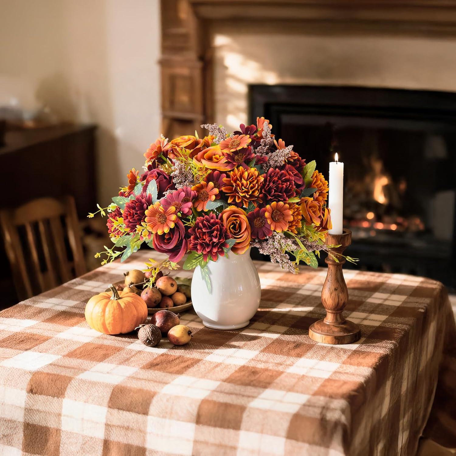 imageArtificial Faux Flowers in Vase Fake Silk Floral Arrangements Rose Bouquets with Handmade Rattan Vase Farmhouse Table Decorations Centerpieces for Dinning Room Kitchen Office Desktop BrownOrange Brown