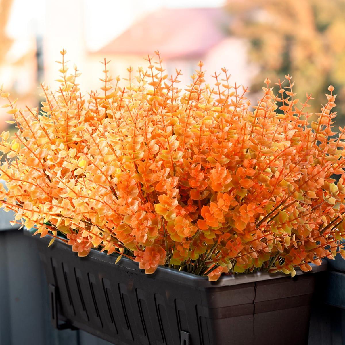 imageArtificial Faux Plants Flowers for Outdoor Fall Decoration12 PCS Fake Eucalyptus Plastic Boxwood Shrubs Realistic UV Resistant for Front Porch Patio Balcony Yard Home Light BrownLight Brown