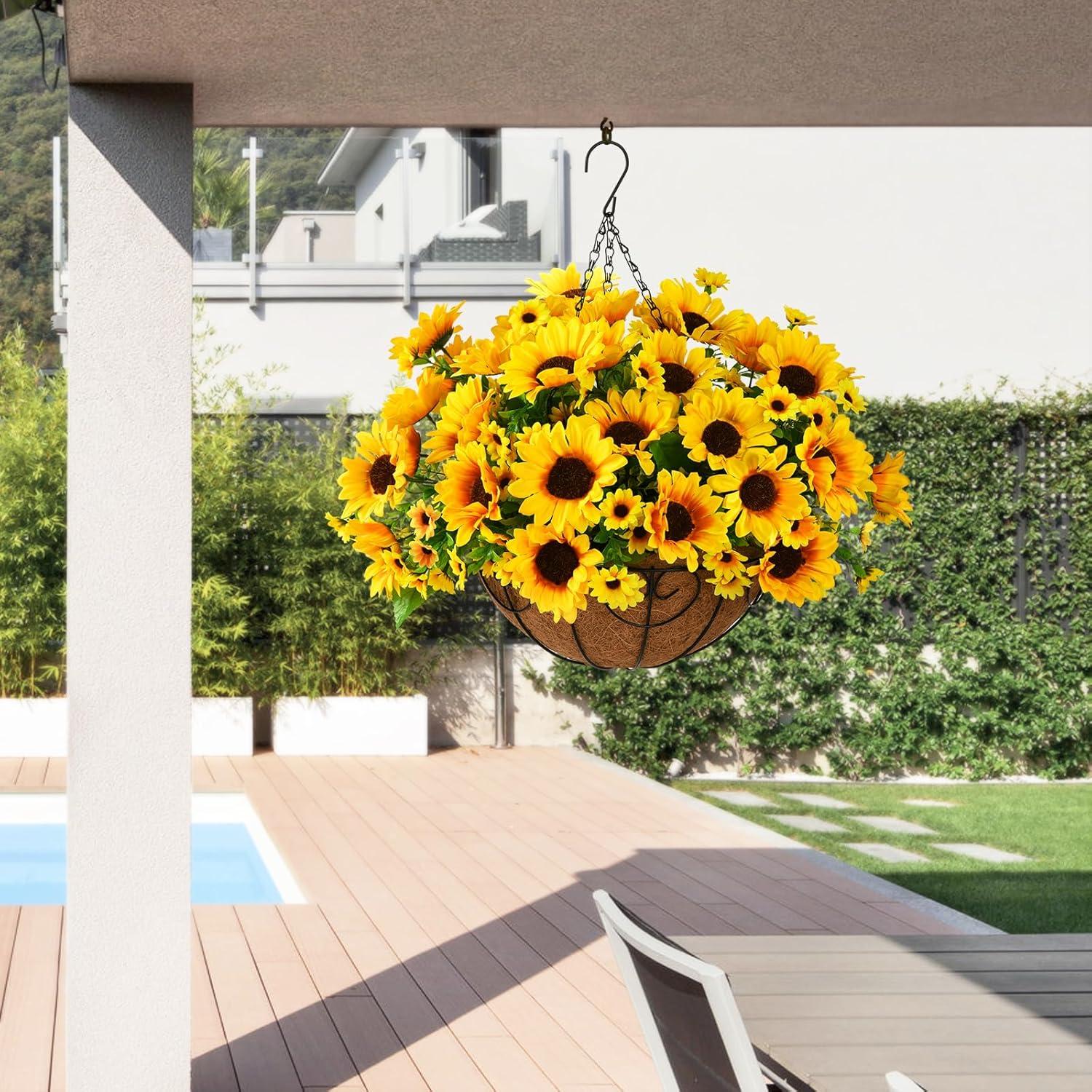 imageArtificial Flowers with Ceramics Vase for Fall Decoration 5 Pcs Sunflowers Fake Silk Flower Arrangements Faux Floral Centerpieces for Tables Dinning Room Office Tabletop Home DecorRipple VaseYellow