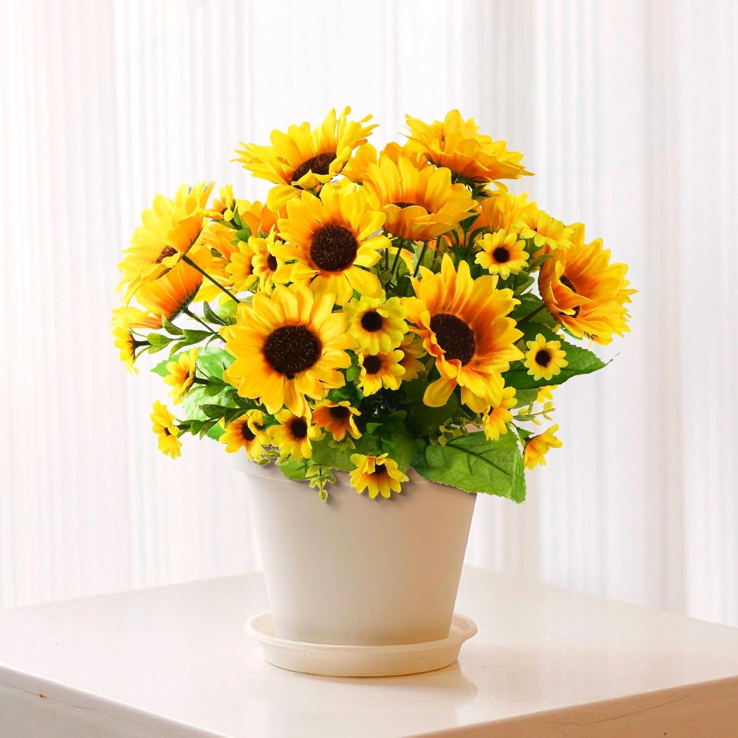 imageArtificial Flowers with Ceramics Vase for Fall Decoration 5 Pcs Sunflowers Fake Silk Flower Arrangements Faux Floral Centerpieces for Tables Dinning Room Office Tabletop Home DecorRipple VaseYellow