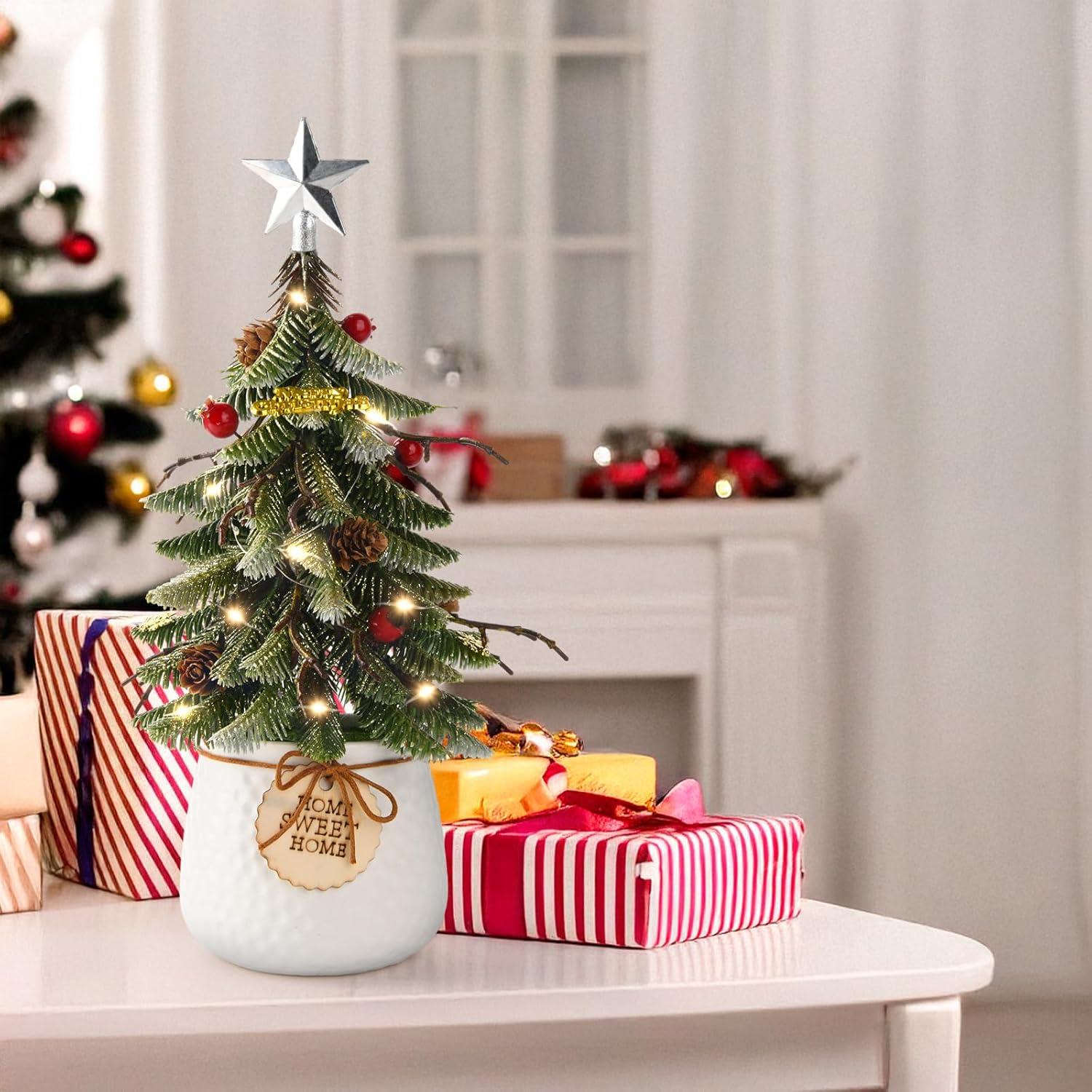 imageArtificial Mini Christmas Tree Tabletop Decorations13 Inch Small Xmas Tree with Red Berry Ornaments for Table Top Office Desk Classroom Room Holiday Christmas Decor Silver Star