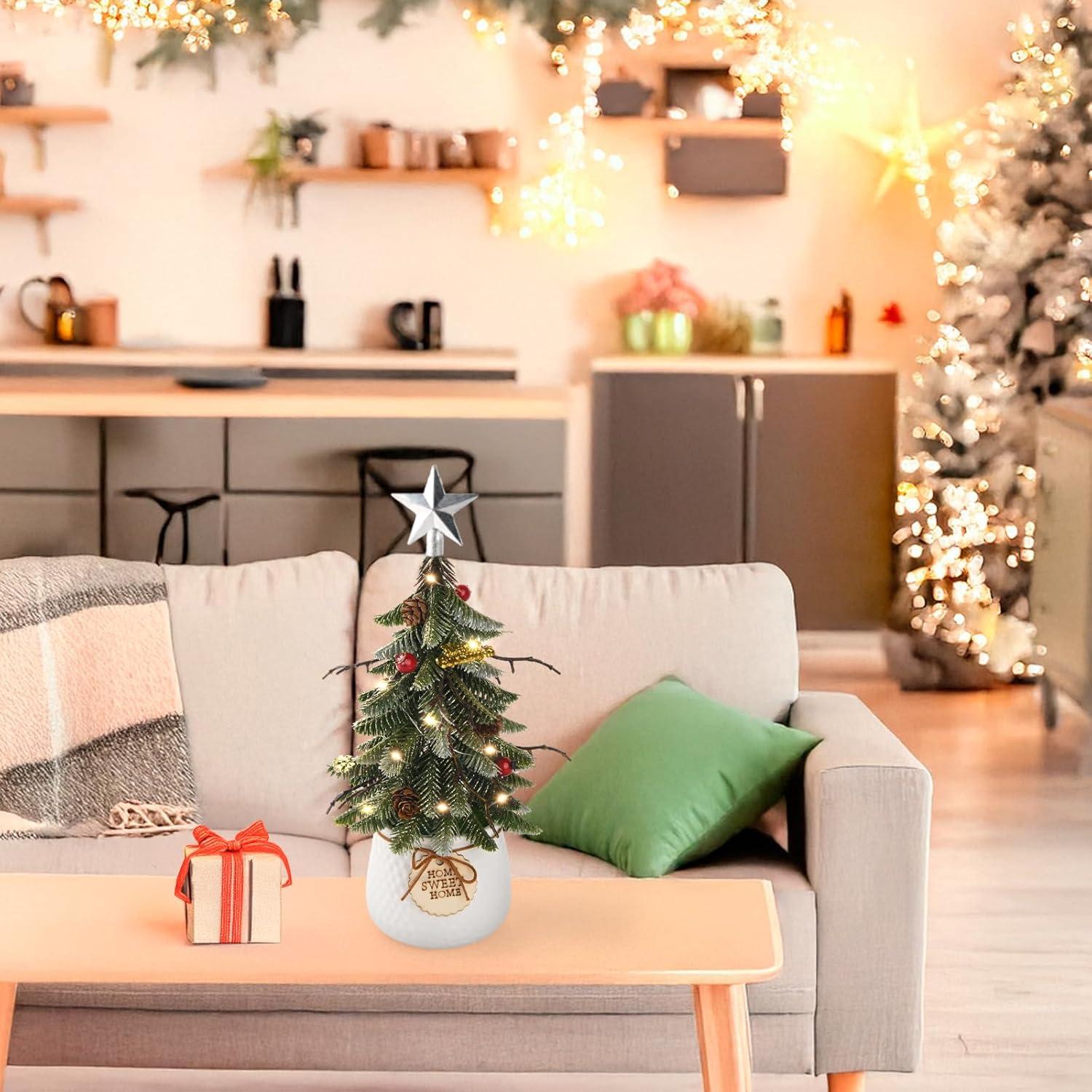 imageArtificial Mini Christmas Tree Tabletop Decorations13 Inch Small Xmas Tree with Red Berry Ornaments for Table Top Office Desk Classroom Room Holiday Christmas Decor Silver Star