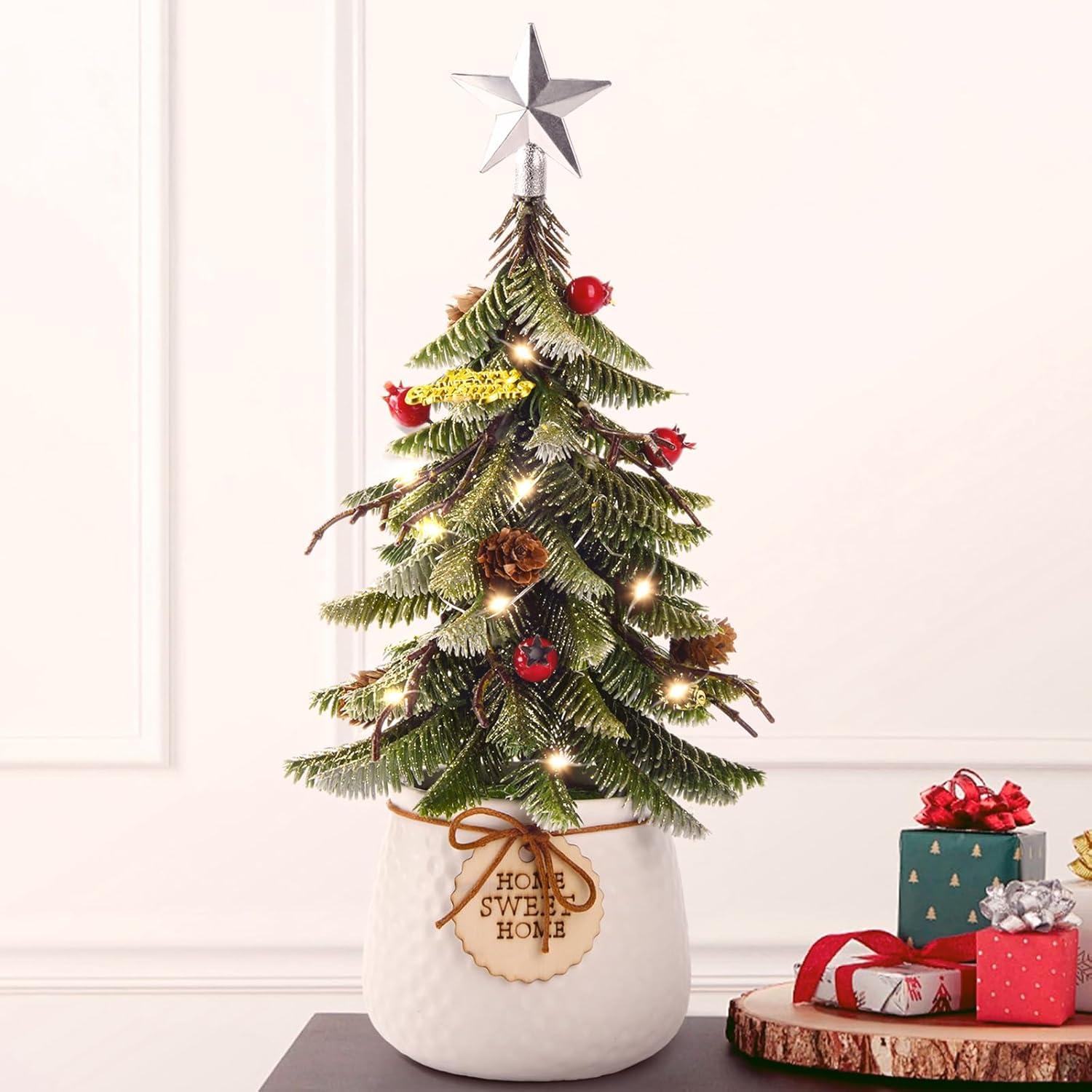 imageArtificial Mini Christmas Tree Tabletop Decorations13 Inch Small Xmas Tree with Red Berry Ornaments for Table Top Office Desk Classroom Room Holiday Christmas Decor Silver Star