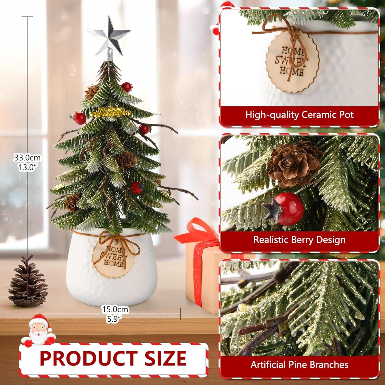 imageArtificial Mini Christmas Tree Tabletop Decorations13 Inch Small Xmas Tree with Red Berry Ornaments for Table Top Office Desk Classroom Room Holiday Christmas Decor Silver Star