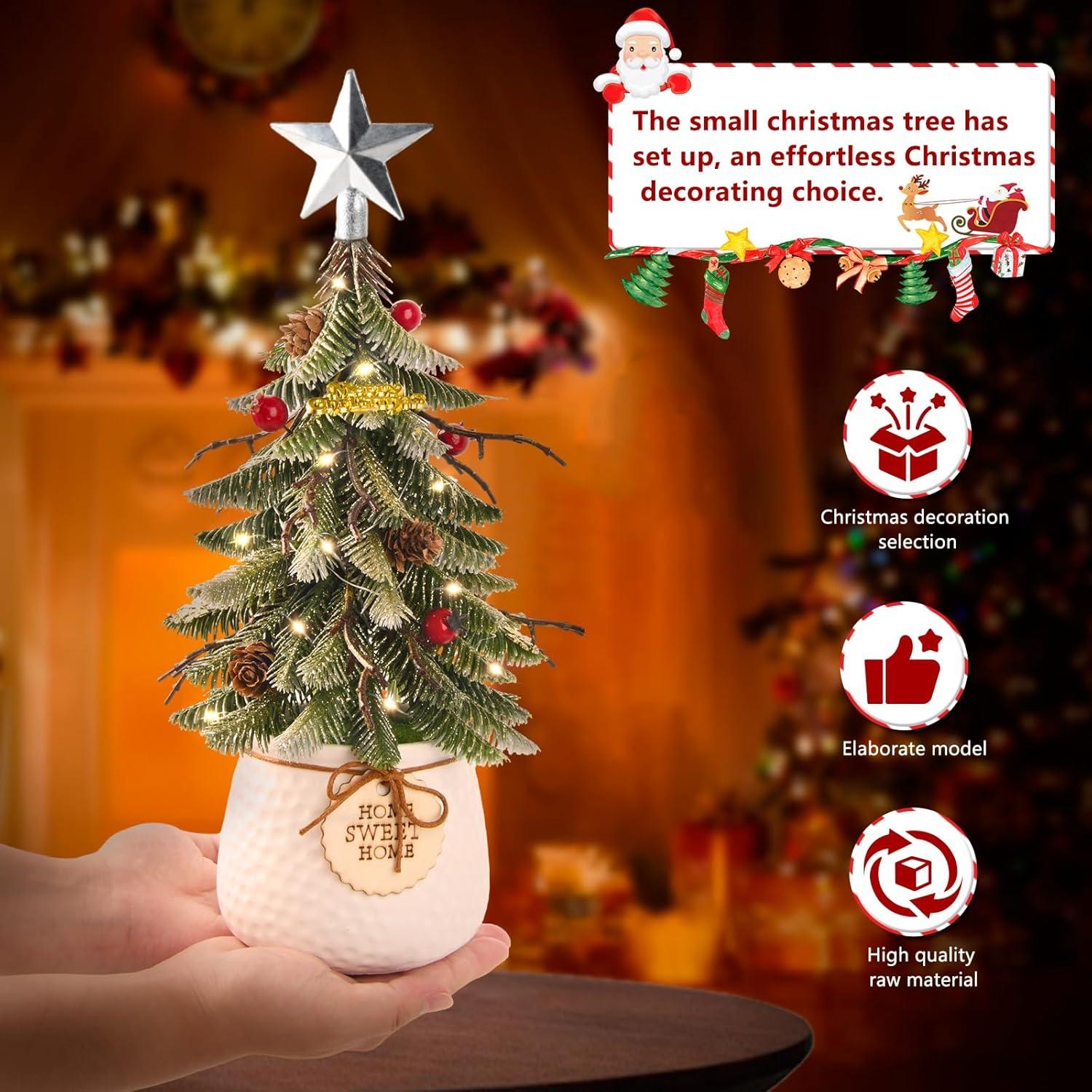 imageArtificial Mini Christmas Tree Tabletop Decorations13 Inch Small Xmas Tree with Red Berry Ornaments for Table Top Office Desk Classroom Room Holiday Christmas Decor Silver Star