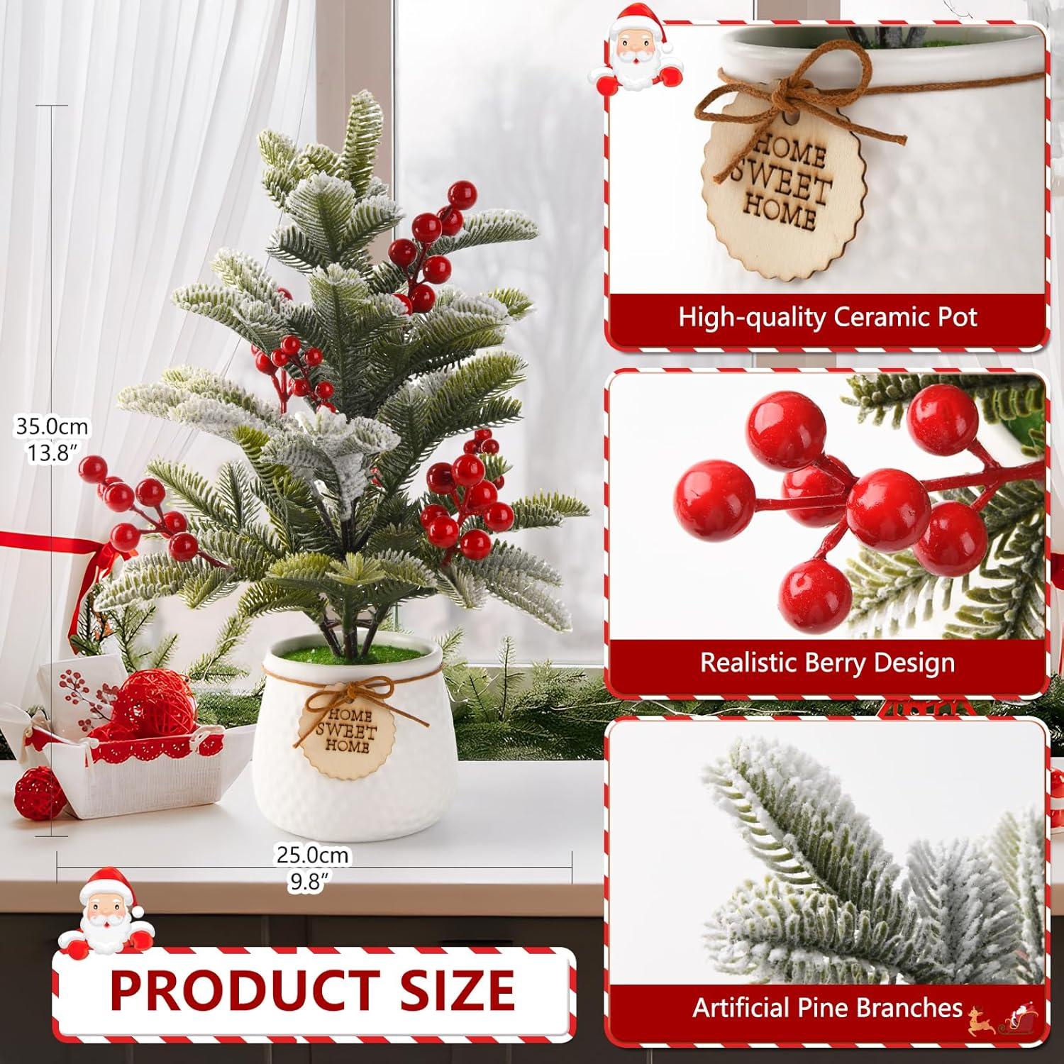 imageArtificial Mini Christmas Tree Tabletop Xmas Decorations14 Inch Small Cedar Tree with Red Berry Ornaments for Table Top Office Desk Classroom Room Party Holiday Christmas Decor White Pot