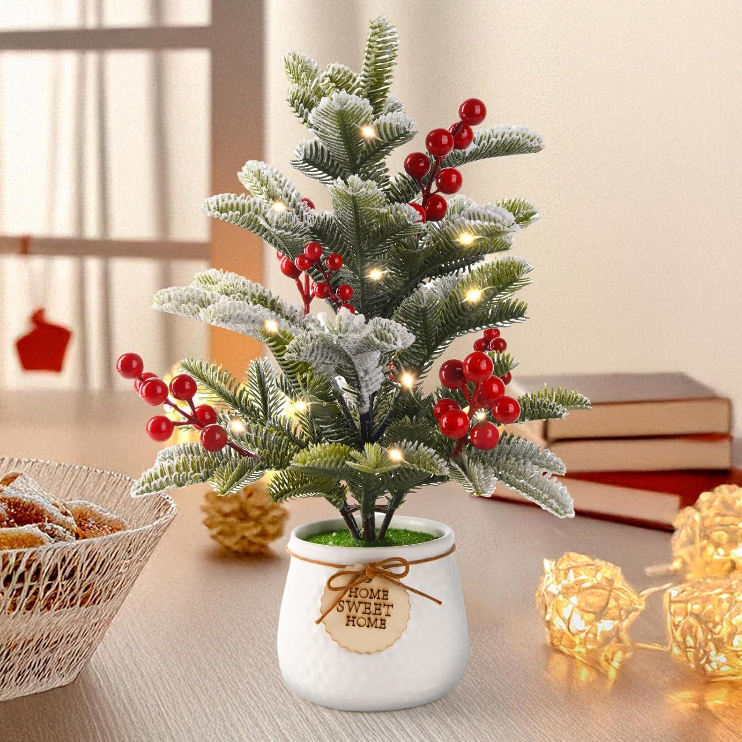 imageArtificial Mini Christmas Tree Tabletop Xmas Decorations14 Inch Small Cedar Tree with Red Berry Ornaments for Table Top Office Desk Classroom Room Party Holiday Christmas Decor White Pot