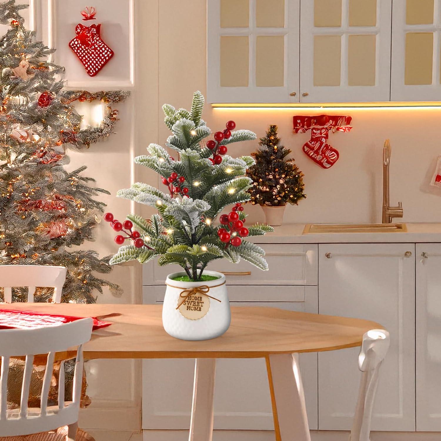 imageArtificial Mini Christmas Tree Tabletop Xmas Decorations14 Inch Small Cedar Tree with Red Berry Ornaments for Table Top Office Desk Classroom Room Party Holiday Christmas Decor White Pot