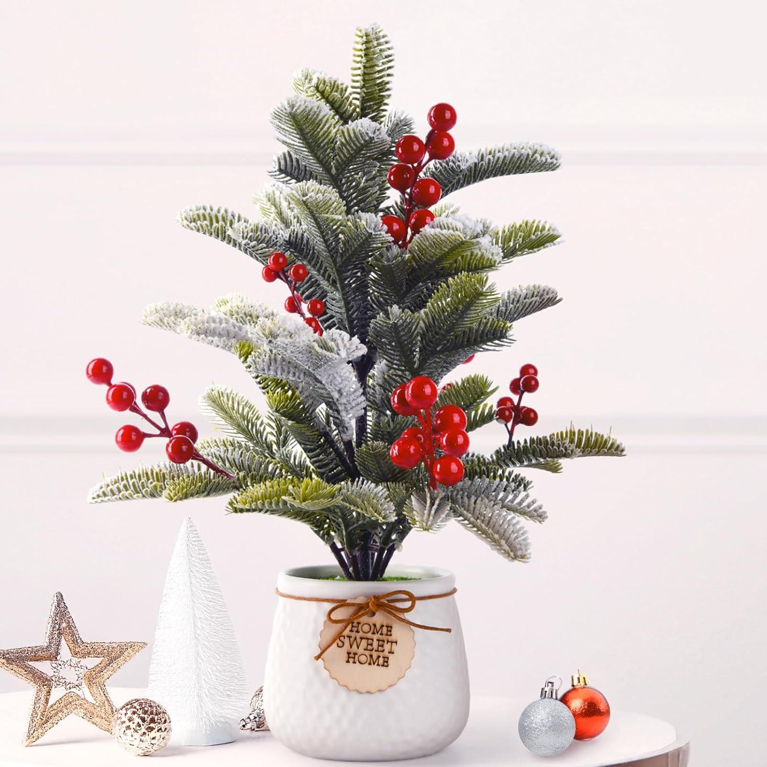 imageArtificial Mini Christmas Tree Tabletop Xmas Decorations14 Inch Small Cedar Tree with Red Berry Ornaments for Table Top Office Desk Classroom Room Party Holiday Christmas Decor White Pot