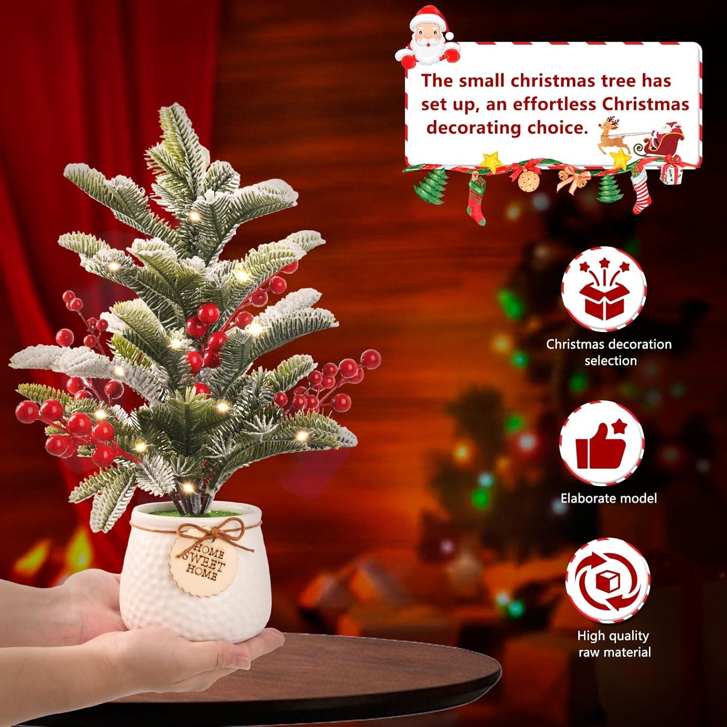 imageArtificial Mini Christmas Tree Tabletop Xmas Decorations14 Inch Small Cedar Tree with Red Berry Ornaments for Table Top Office Desk Classroom Room Party Holiday Christmas Decor White Pot