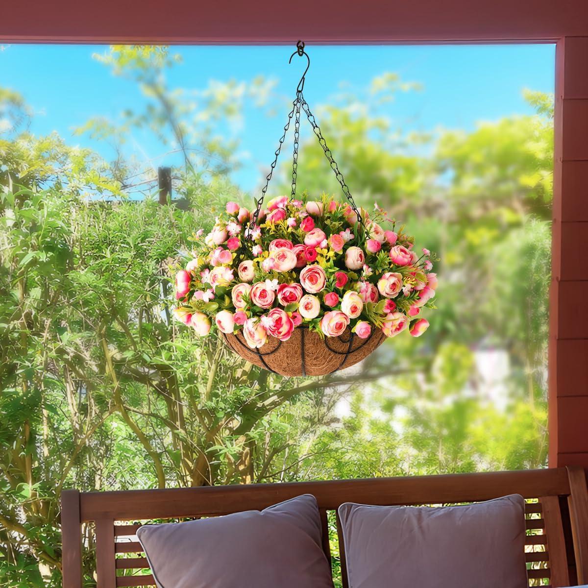 imageHomsunny Artificial Fake Hanging Plants Flowers Basket for Spring Outdoor DecorationFaux Silk Flowers Realistic UV Resistant in 12 inch Coconut Lining Baskets for Patio DecorRose red White