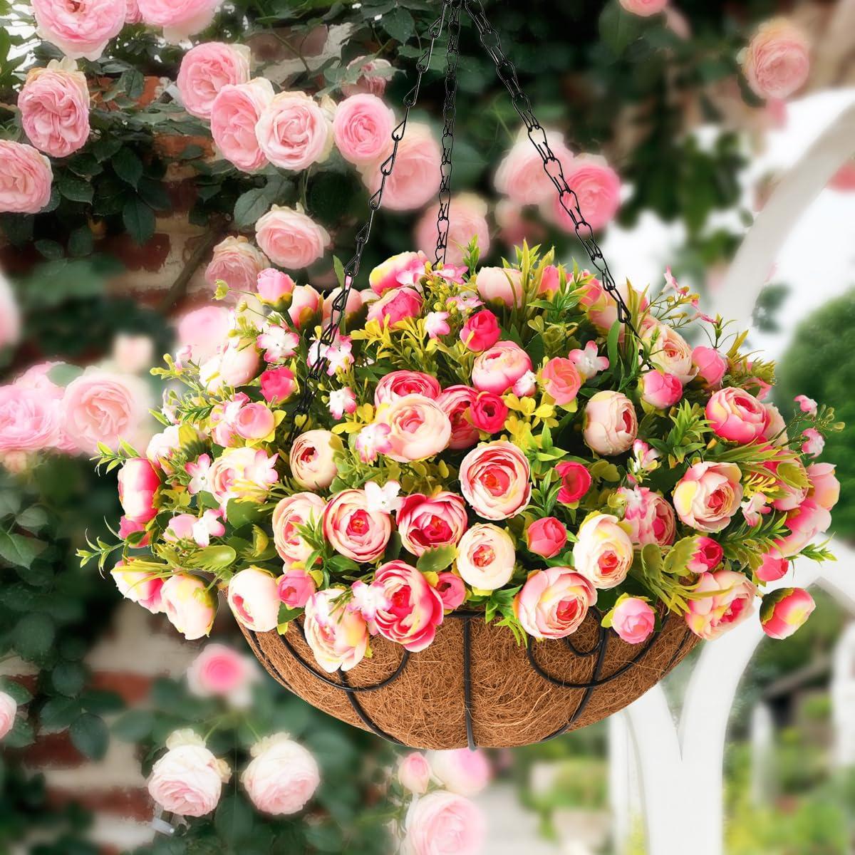 imageHomsunny Artificial Fake Hanging Plants Flowers Basket for Spring Outdoor DecorationFaux Silk Flowers Realistic UV Resistant in 12 inch Coconut Lining Baskets for Patio DecorRose red White