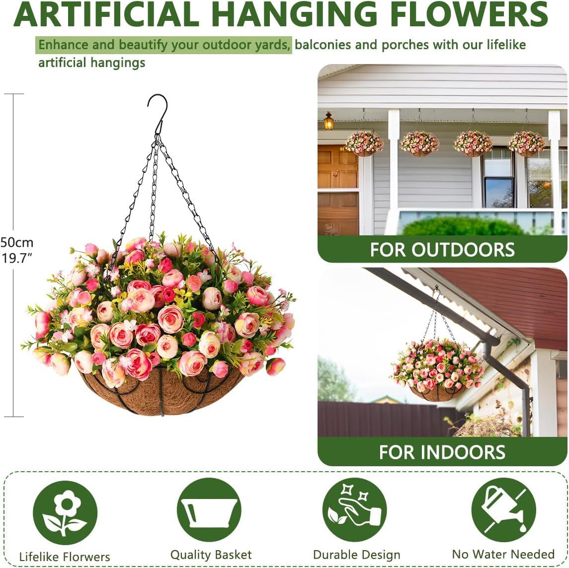 imageHomsunny Artificial Fake Hanging Plants Flowers Basket for Spring Outdoor DecorationFaux Silk Flowers Realistic UV Resistant in 12 inch Coconut Lining Baskets for Patio DecorRose red White